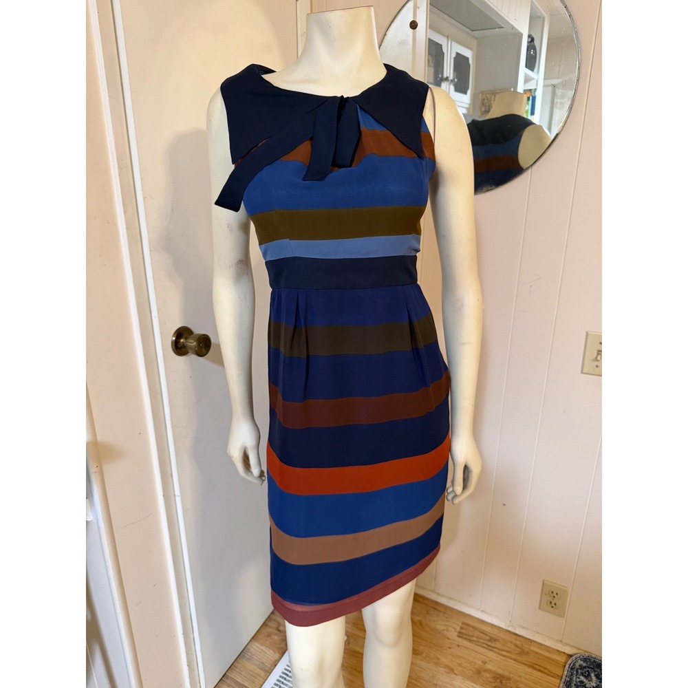 Ruby Belle Womens Size 8 Striped Sleeveless Sheath Dress Navy Blue Tie Collar